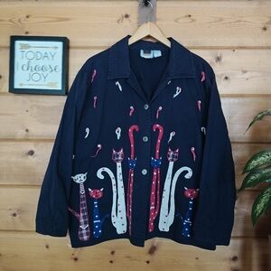 C.S.T. Sport Patriotic USA Cats Whimsy Shacket Embroidered Applique Navy Plus 1X